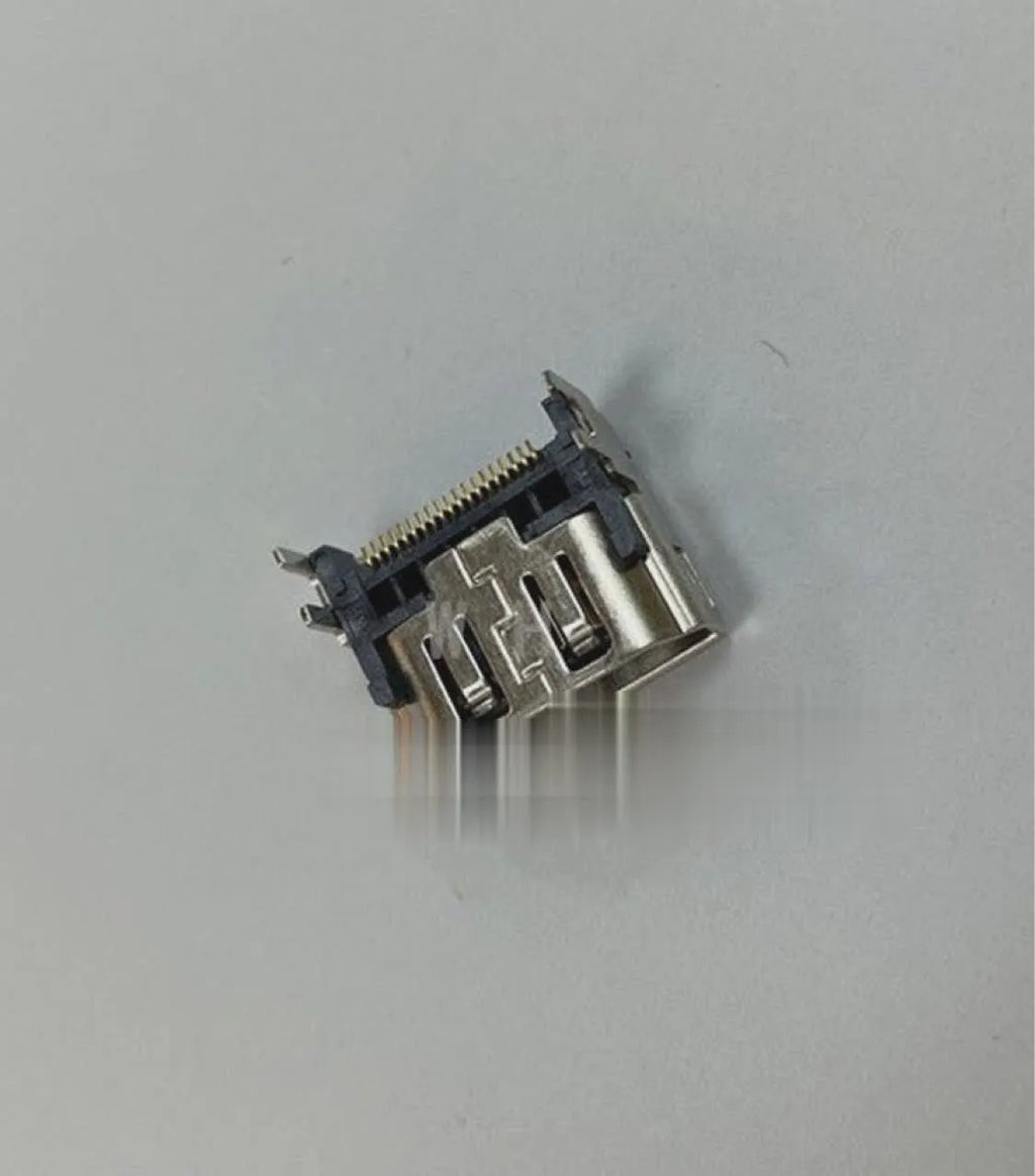 Silver metal HDMI host interface socket connector with mounting holes.