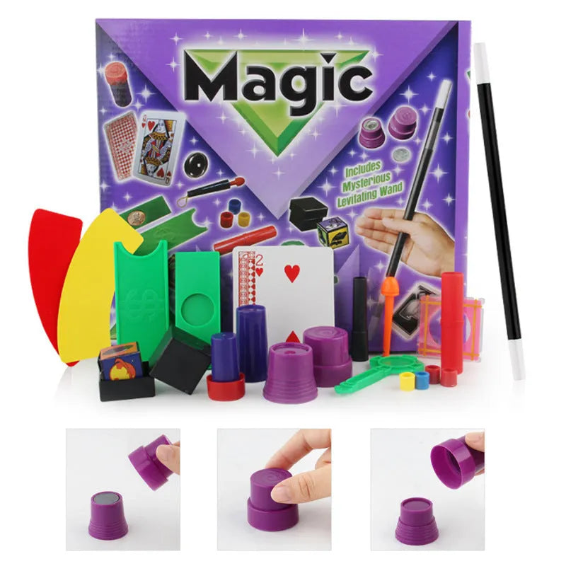 Purple and red plastic magic prop toy set for children in a carton box.