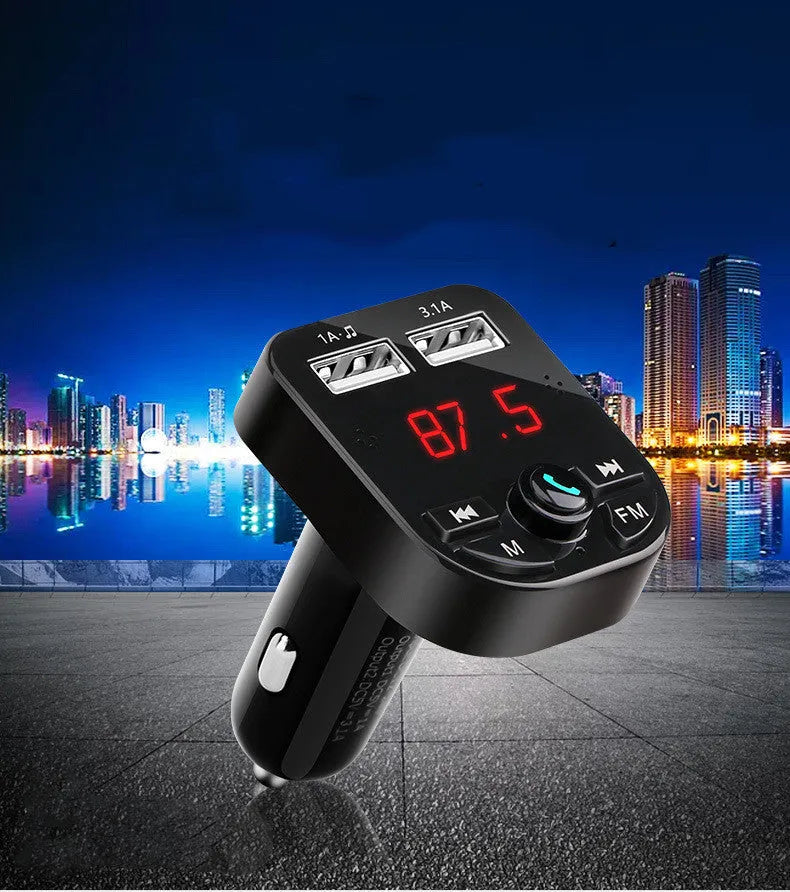 Car MP3 Bluetooth player with FM receiver, dual USB ports, monochrome screen, and ABS construction in black