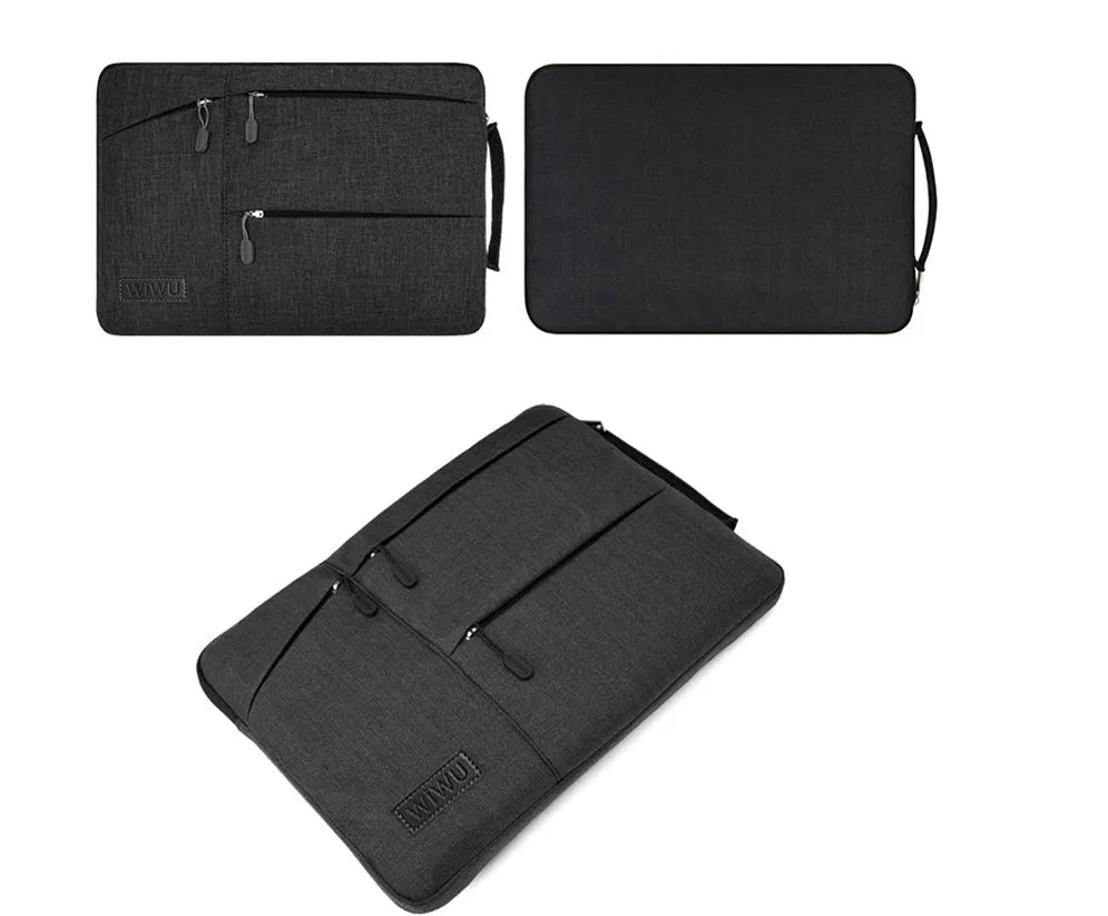 Shockproof nylon laptop case with zipper and multiple internal compartments in black