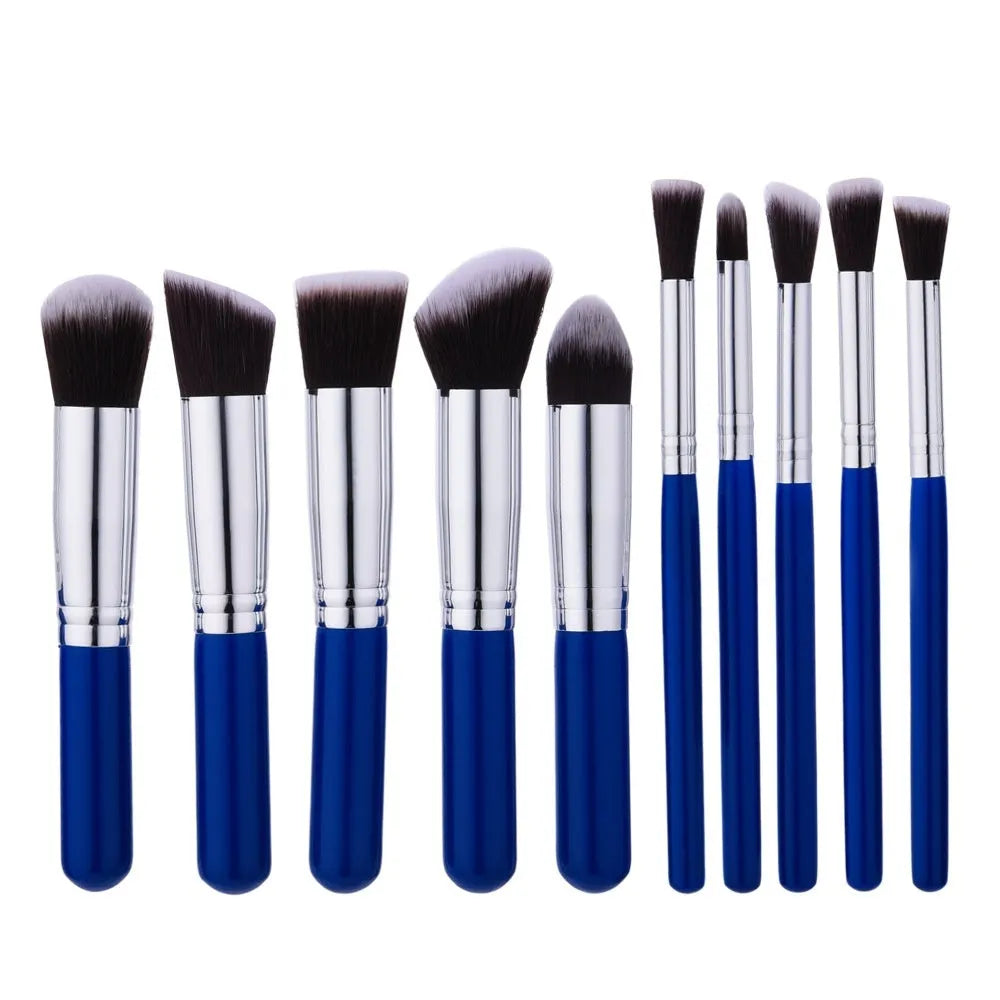 10-piece makeup brush set with nylon bristles, wooden handles, blue silver mini design, thick and thin sizes, and OPP bag.
