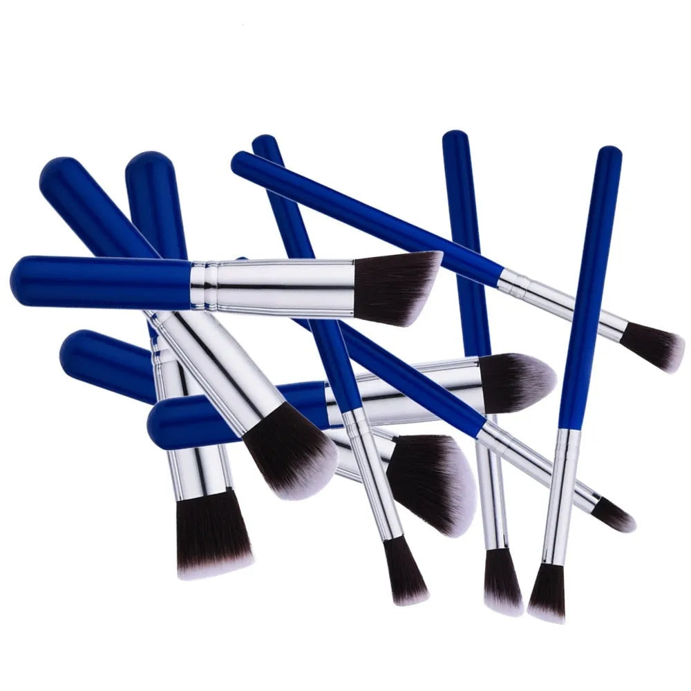 10-piece makeup brush set with nylon bristles, wooden handles, blue silver mini design, thick and thin sizes, and OPP bag.