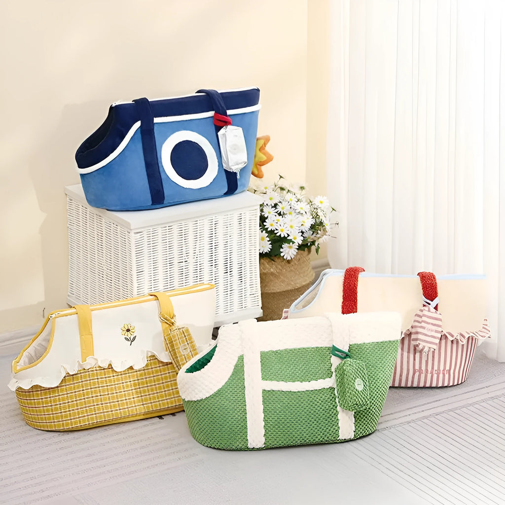 Shoulder cat bag with cartoon vertical stripes in green, red, and yellow colours for small pet transport