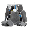 9-piece grey microfiber car wash cleaning set with gloves, sponge, brush, wipes and towels