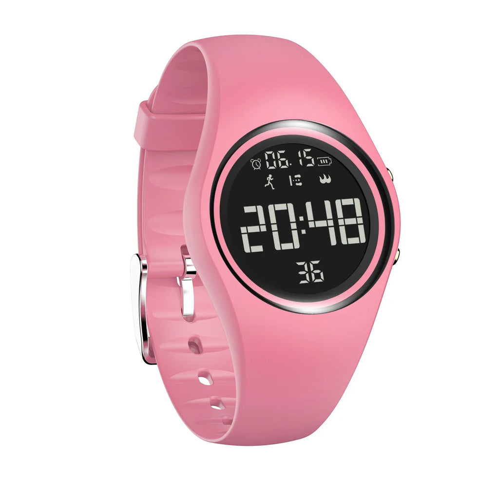 Standby waterproof smartwatch with silicone strap in pink, showing touch button controls