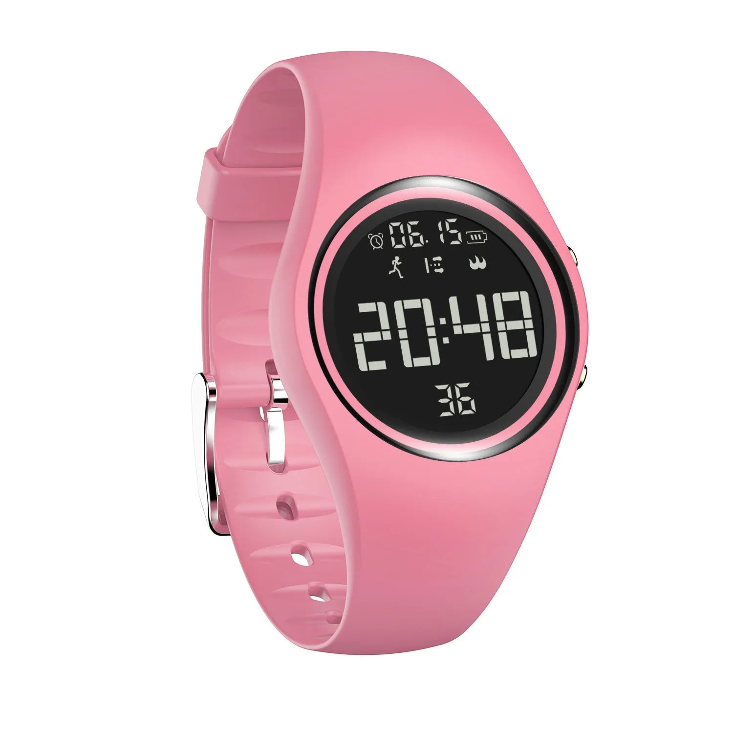 Standby waterproof smartwatch with silicone strap in pink, showing touch button controls