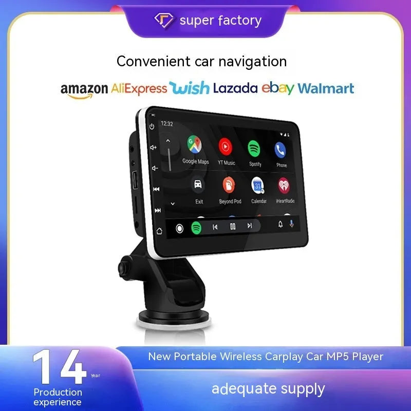 7-inch wireless Carplay GPS navigator on a car dashboard with universal mounting brackets.