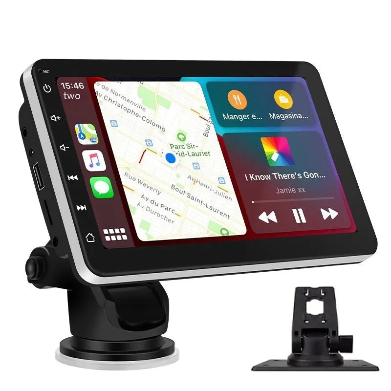7-inch wireless Carplay GPS navigator on a car dashboard with universal mounting brackets.