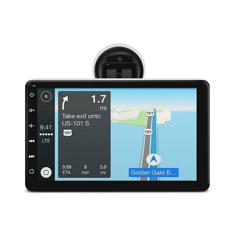 7-inch wireless Carplay GPS navigator on a car dashboard with universal mounting brackets.