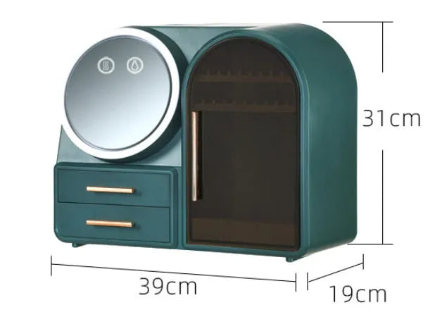 Plastic cosmetics storage rack with LED makeup mirror and soft wind fan, 35L capacity, Milky White, Light Pink or Dark Green