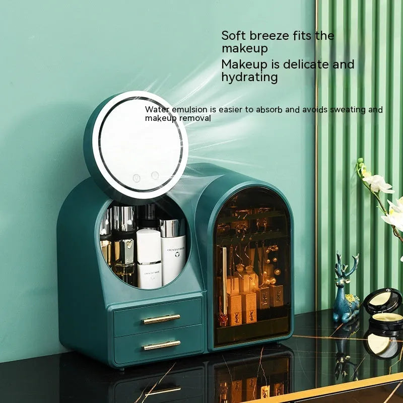 Plastic cosmetics storage rack with LED makeup mirror and soft wind fan, 35L capacity, Milky White, Light Pink or Dark Green