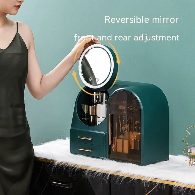 Plastic cosmetics storage rack with LED makeup mirror and soft wind fan, 35L capacity, Milky White, Light Pink or Dark Green
