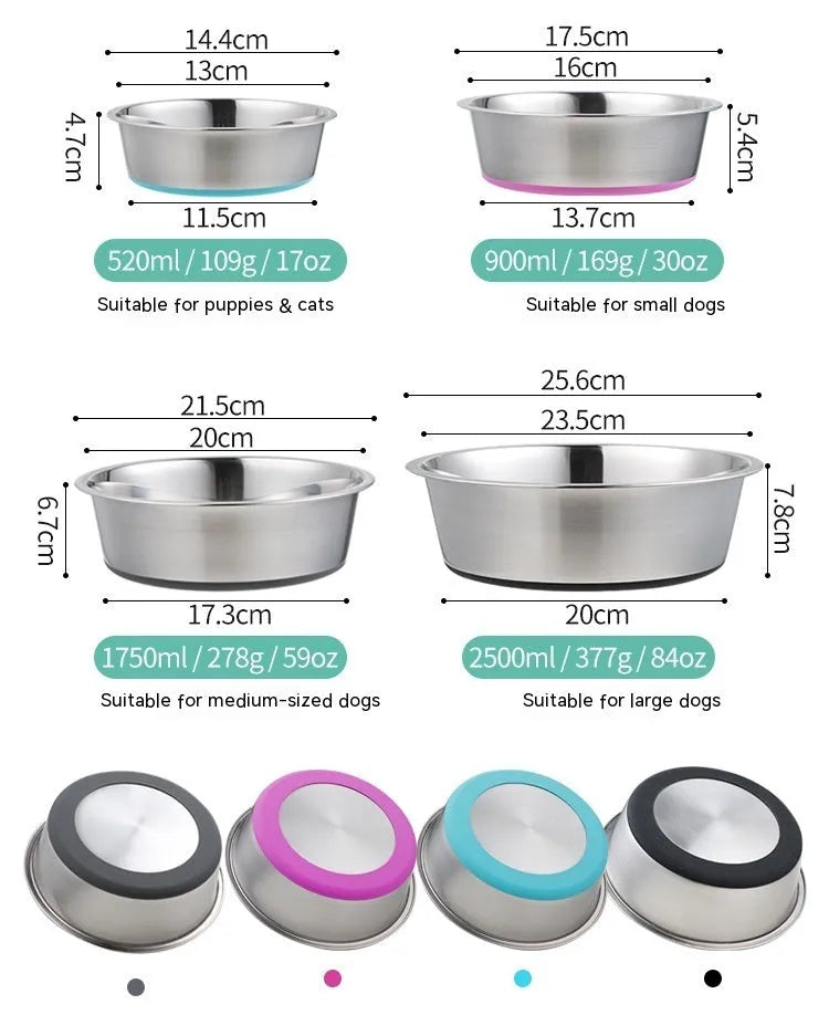 Stainless steel silicone pet bowl in blue with non-slip base, 18cm size for small dogs or cats