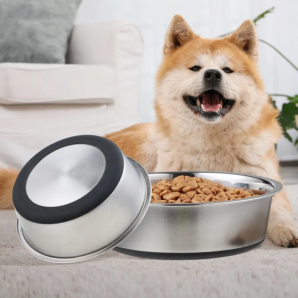Stainless steel silicone pet bowl in blue with non-slip base, 18cm size for small dogs or cats