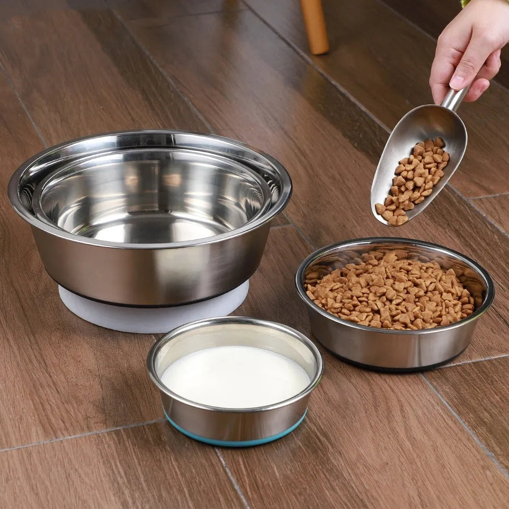 Stainless steel silicone pet bowl in blue with non-slip base, 18cm size for small dogs or cats