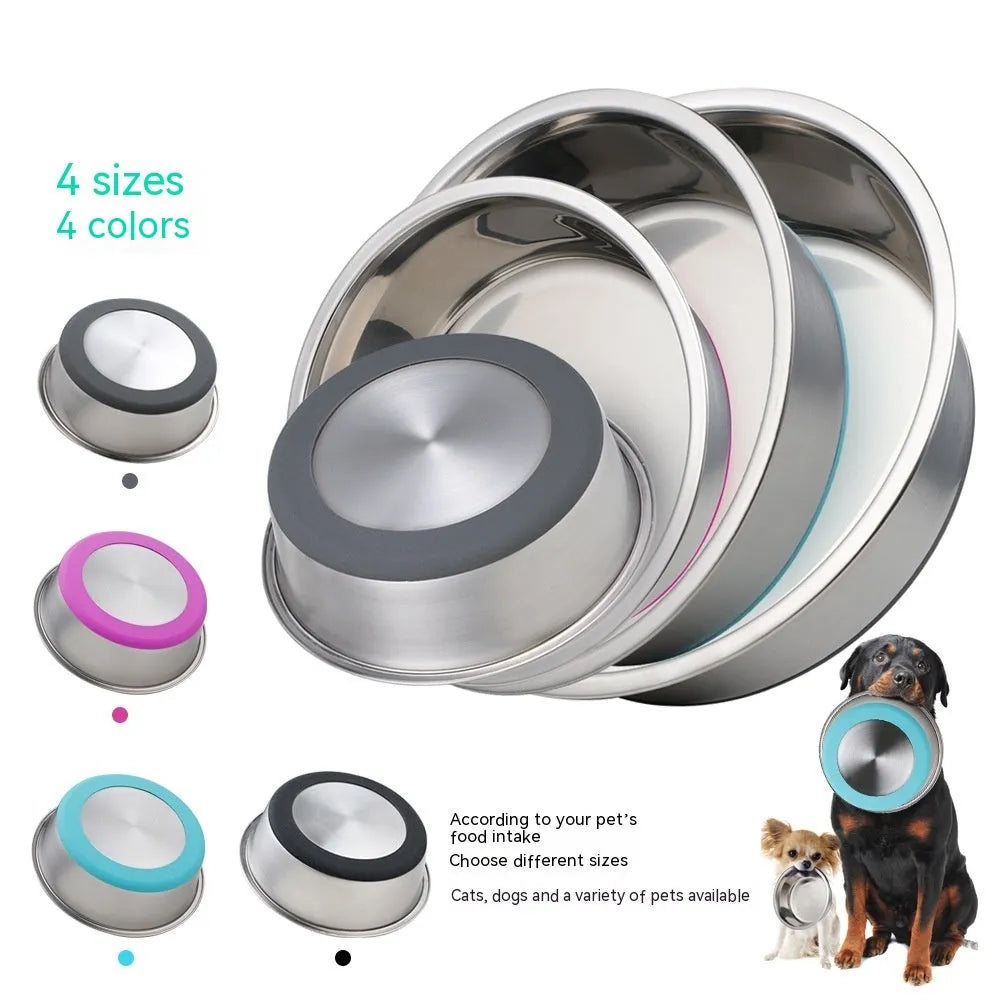 Stainless steel silicone pet bowl in blue with non-slip base, 18cm size for small dogs or cats