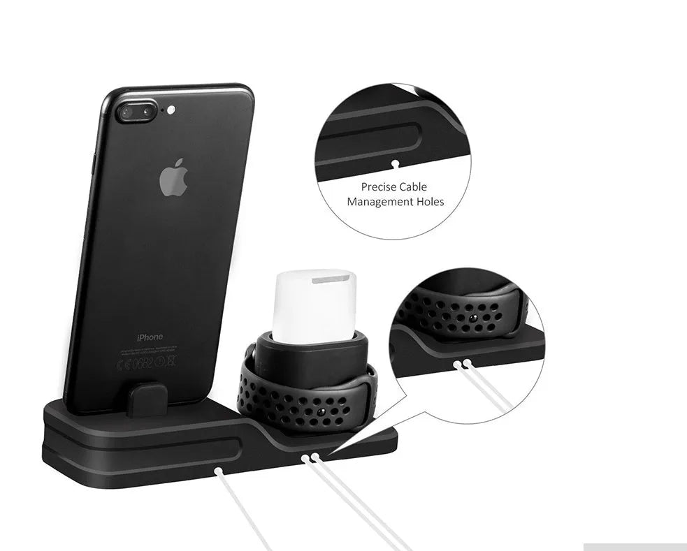 3 in 1 silicone charging stand for mobile phone, watch and headset on desk, compatible with iPhone