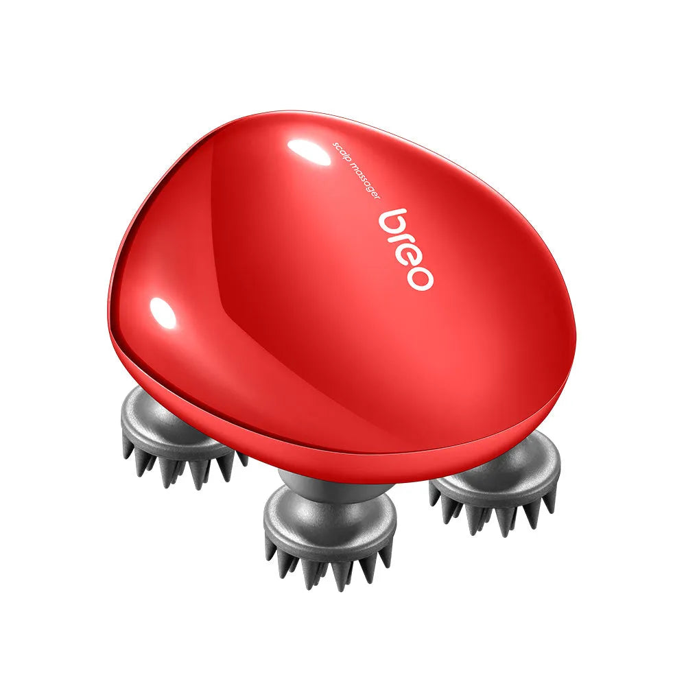 Red scalp massager with 9 nodes measuring 110mm x 120mm x 82mm