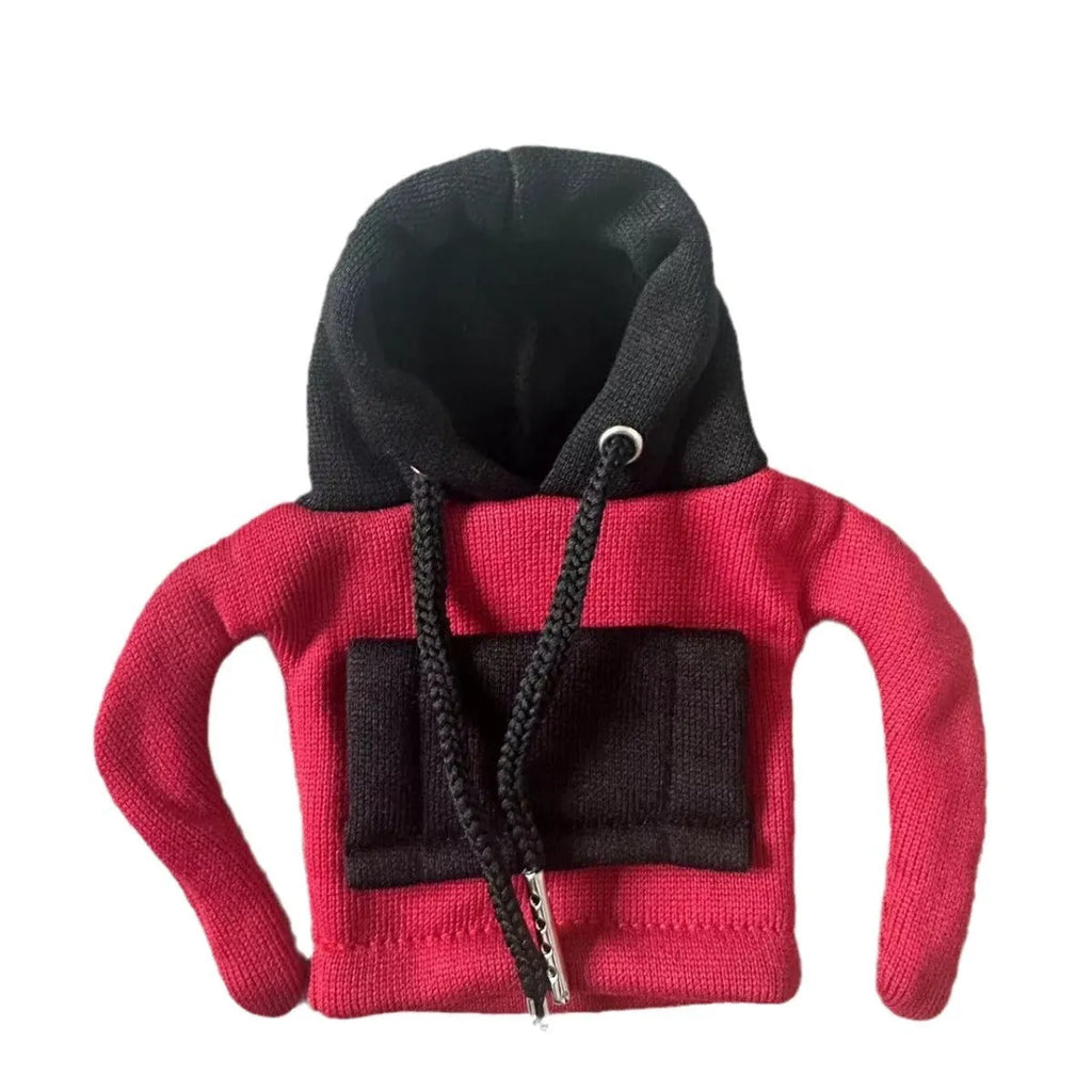 Polyester knit hood cover for car gear lever in red and white colour combination.