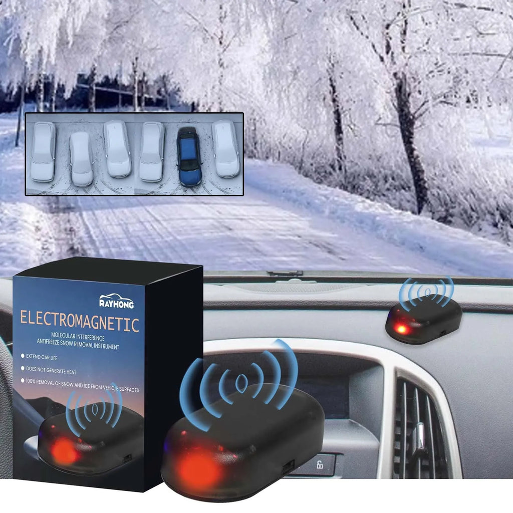 Black compact car windscreen de-icer tool with glass element for melting ice and snow.