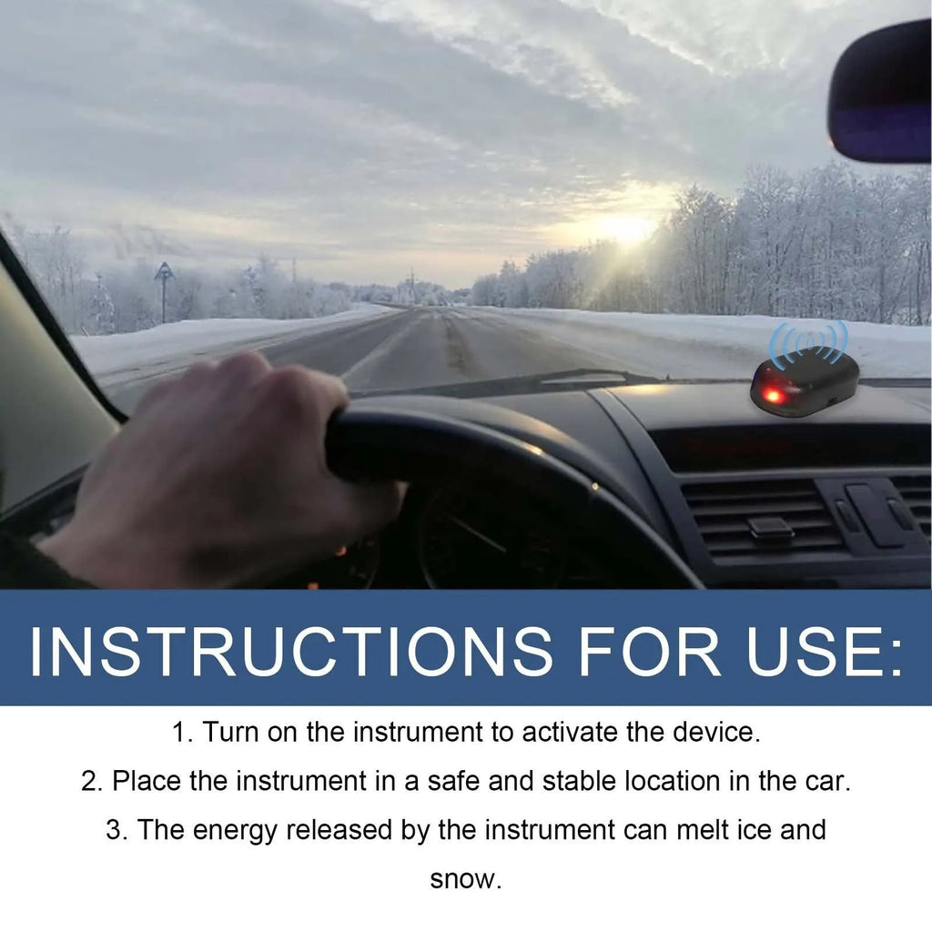 Black compact car windscreen de-icer tool with glass element for melting ice and snow.