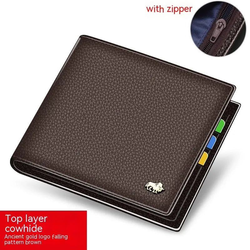 Men's first layer cowhide soft short wallet with multiple card slots in brown with gold logo and zipper