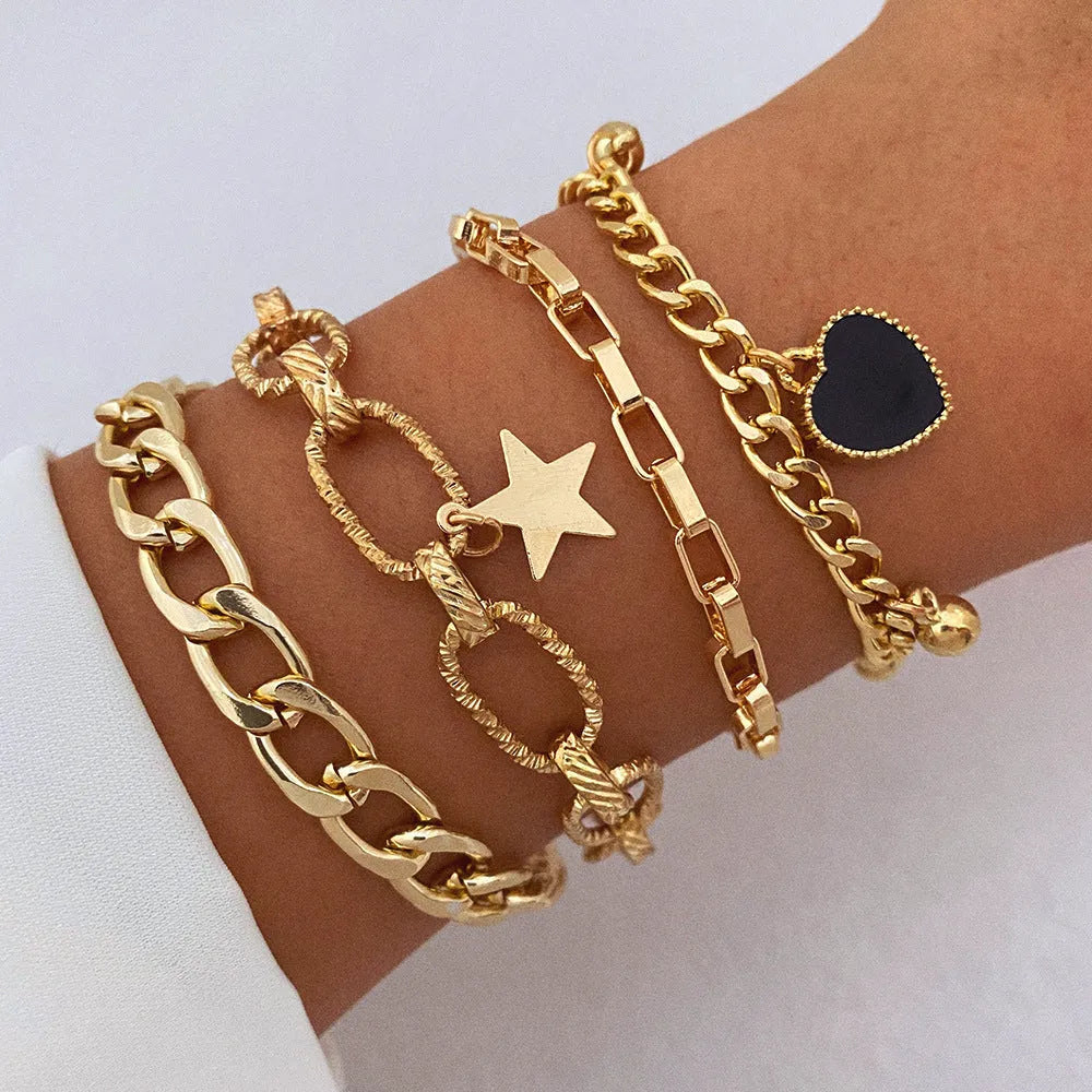 Black peach heart bracelet with multi-layer alloy chain, five-pointed star and heart charms, retro simple design