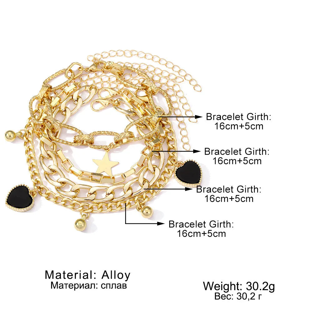 Black peach heart bracelet with multi-layer alloy chain, five-pointed star and heart charms, retro simple design