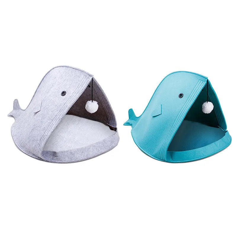 Foldable felt pet nest in blue, size 40x40x50cm, made from non-woven felt, tear resistant and washable