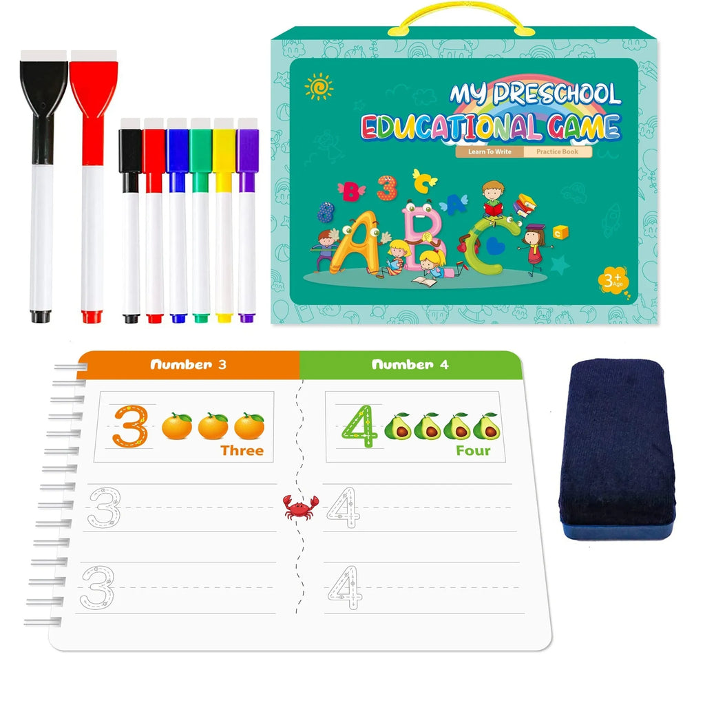 Montessori handwriting practice book set with erasable pens, reward stickers, and gift box for children's early education