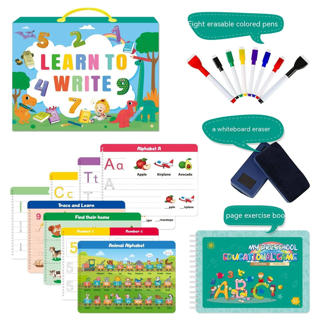 Montessori handwriting practice book set with erasable pens, reward stickers, and gift box for children's early education