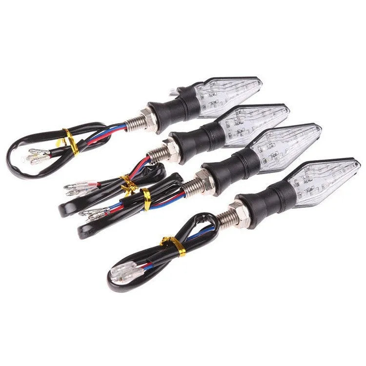 Motorcycle LED turn signal lights showing yellow and blue double-sided luminous indicators