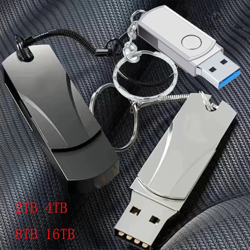 Metal rotating USB flash drive in black, capacity 1TB to 16TB, USB 3.0 interface, dimensions 42x15x9mm