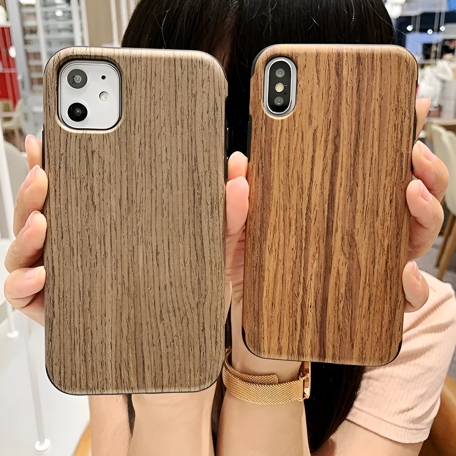 Wooden back cover case for iPhone in rosewood, teak, black rose, and walnut wood finishes.