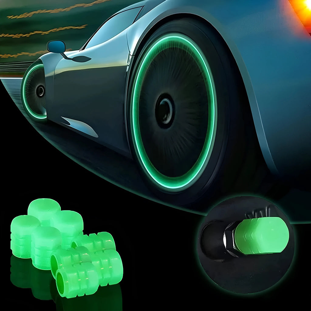 Pack of luminous rubber tyre valve caps in assorted colours including light blue and green.