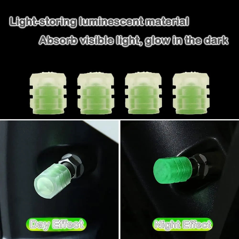 Pack of luminous rubber tyre valve caps in assorted colours including light blue and green.