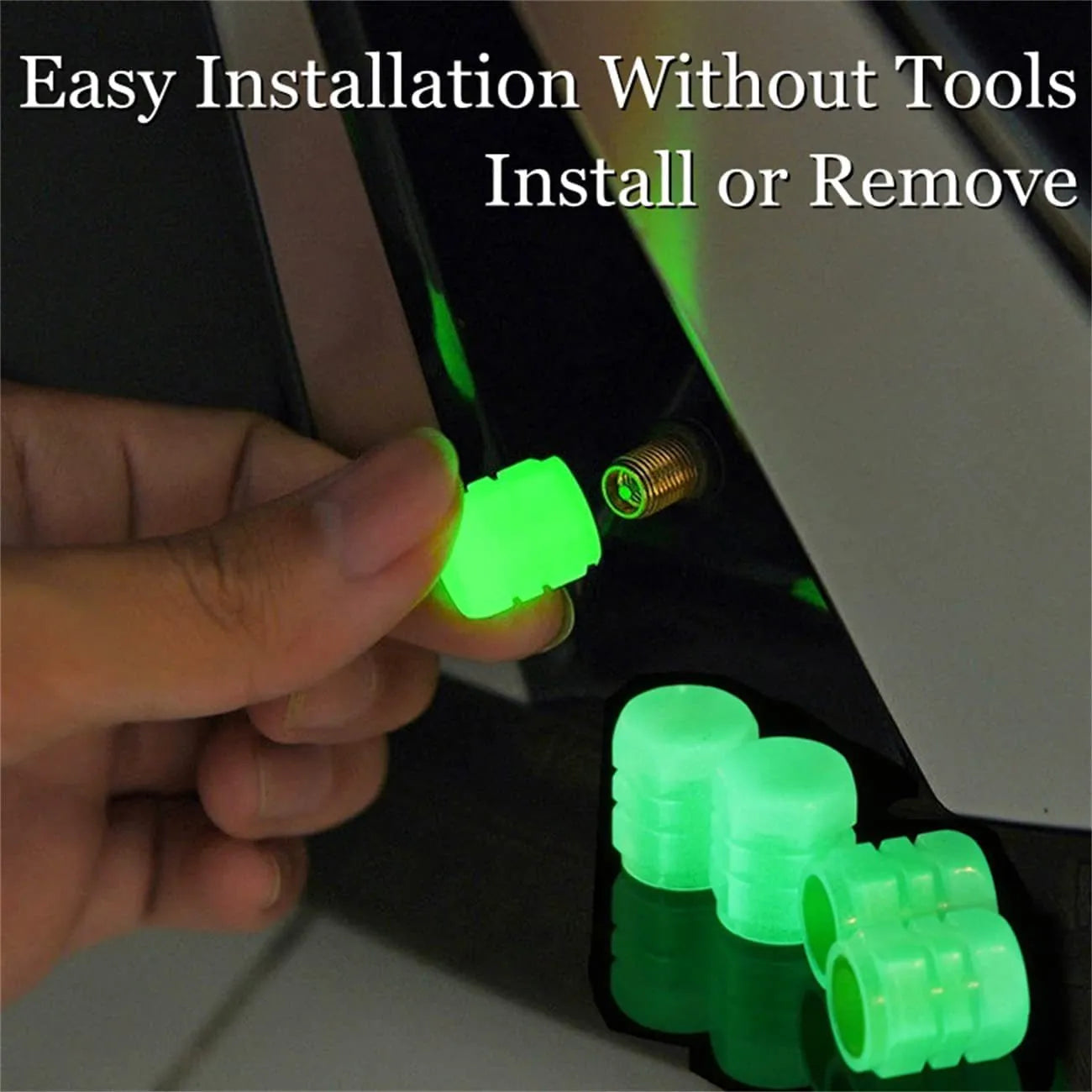 Pack of luminous rubber tyre valve caps in assorted colours including light blue and green.