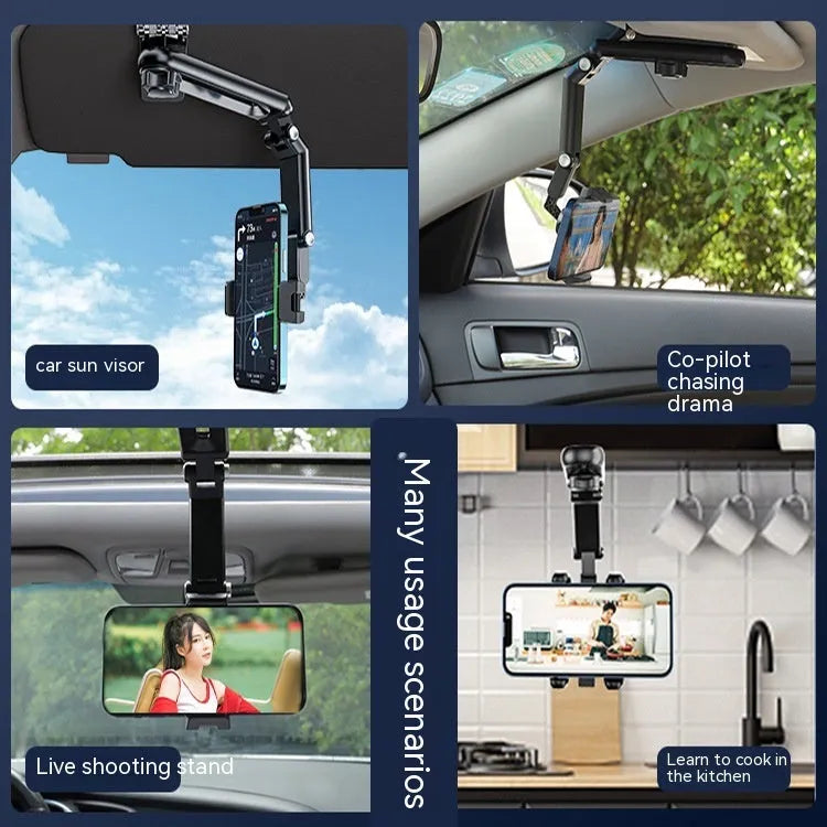 Car mobile phone holder bracket with clip for dashboard or windscreen mounting in black and green colour