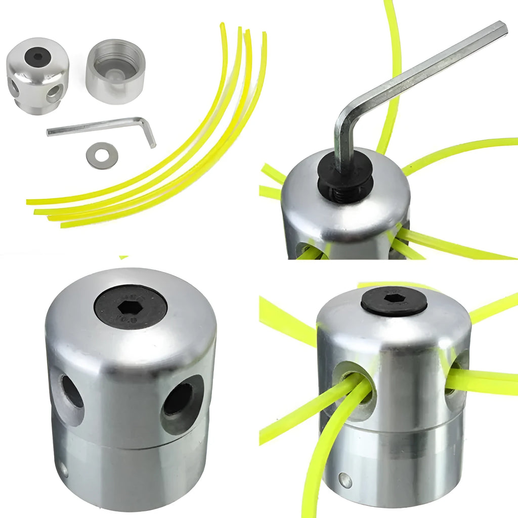 Luzhu silver aluminium lawn mower grass trimmer head replacement kit with four light yellow ropes and wrench
