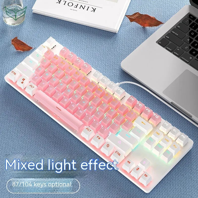 87-key green axis mechanical keyboard with blue and white mixed light and plastic casing