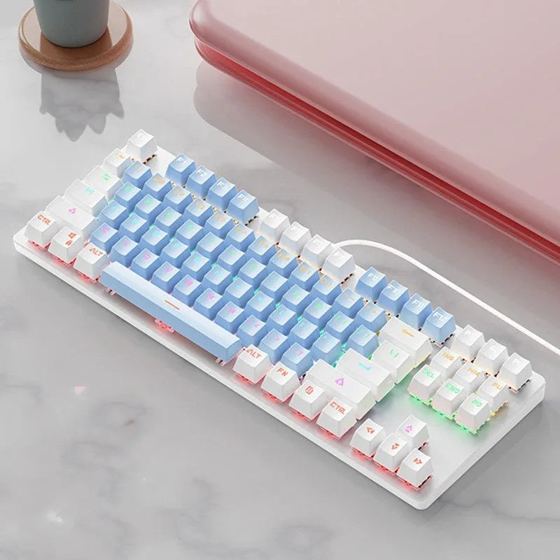 87-key green axis mechanical keyboard with blue and white mixed light and plastic casing