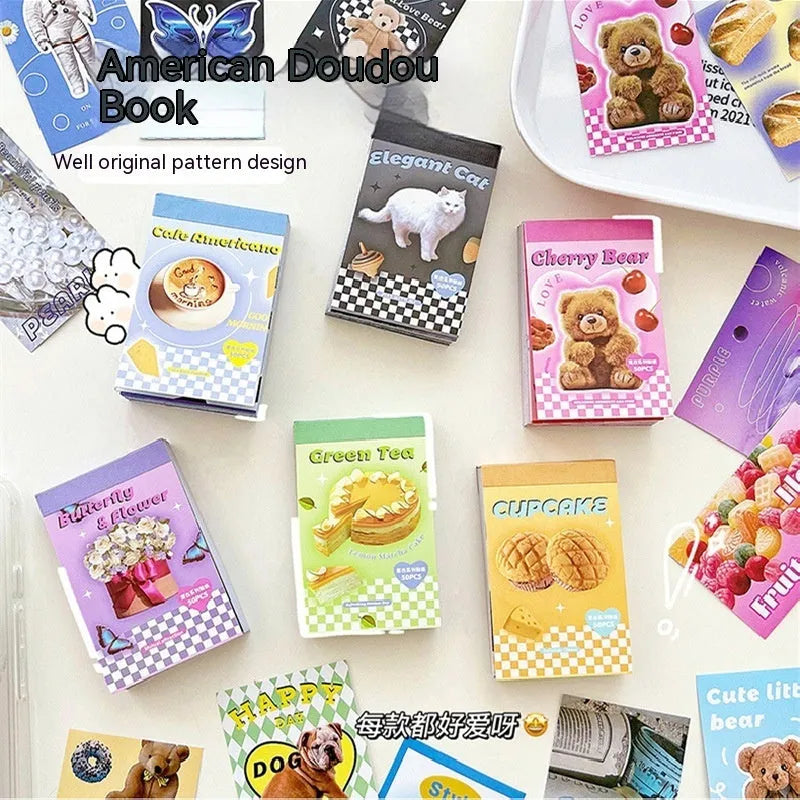 Pack of 50 sheet cartoon sticker book in six colours for journal decoration, each sheet 4x6cm.
