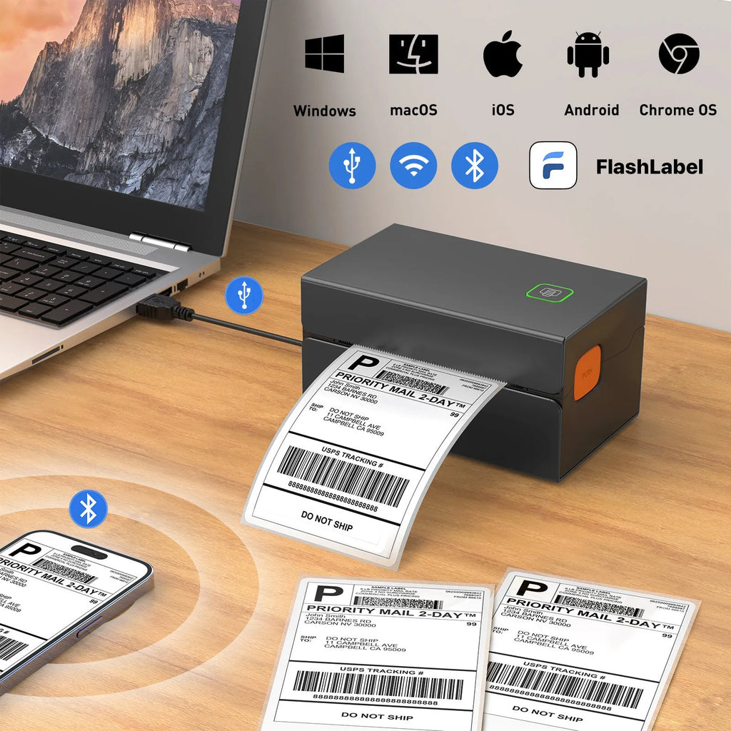 Black thermal label printer for express orders, USB interface, polystyrene plastic and metal body, 2kg, modern style