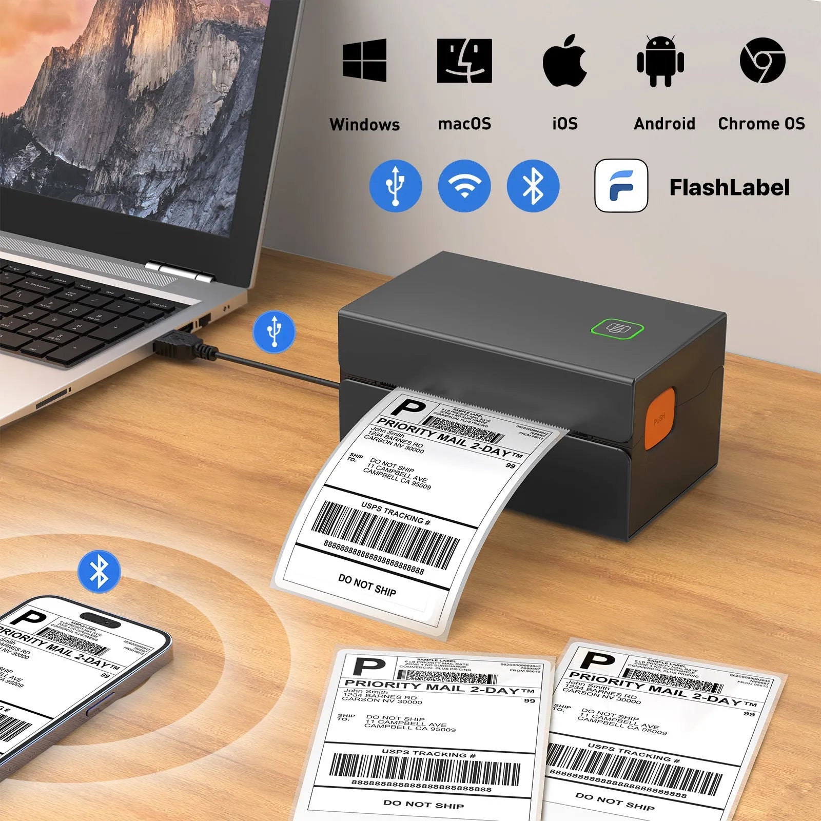 Black thermal label printer for express orders, USB interface, polystyrene plastic and metal body, 2kg, modern style