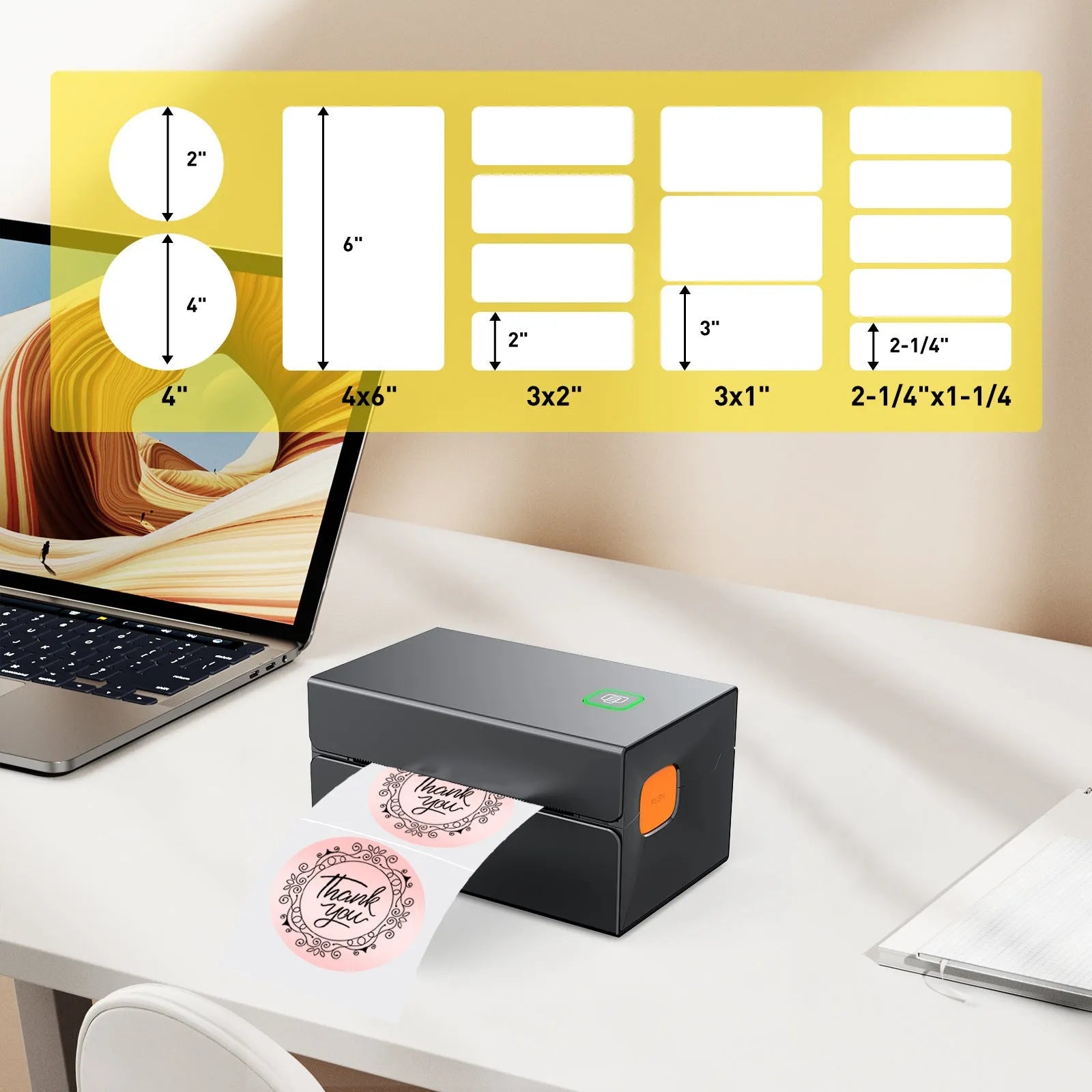 Black thermal label printer for express orders, USB interface, polystyrene plastic and metal body, 2kg, modern style