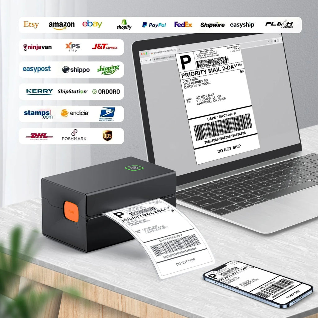 Black thermal label printer for express orders, USB interface, polystyrene plastic and metal body, 2kg, modern style