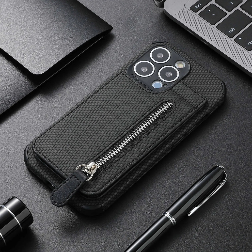 Black zipper TPU leather phone case wallet with card holder and kickstand bracket for iPhone