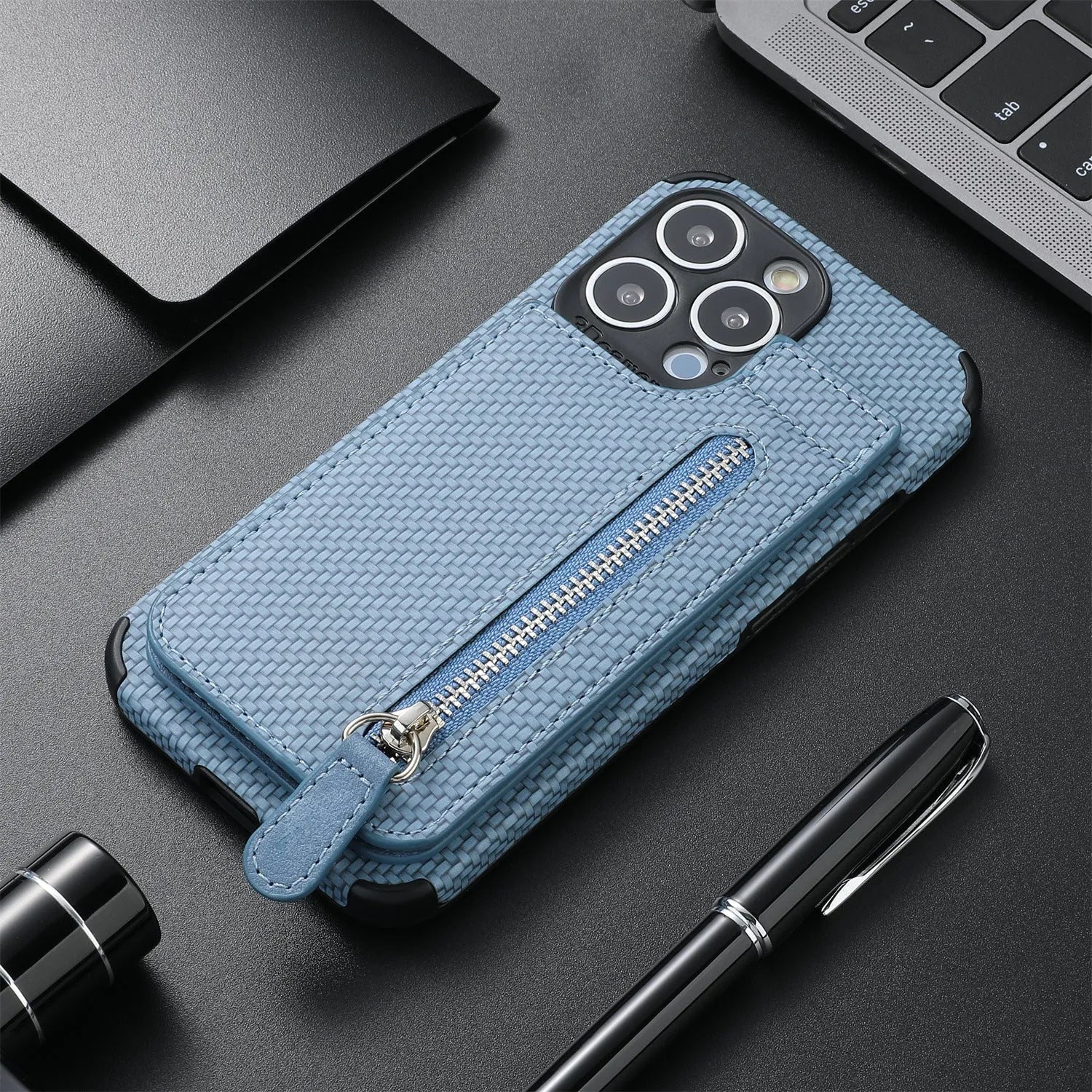 Black zipper TPU leather phone case wallet with card holder and kickstand bracket for iPhone