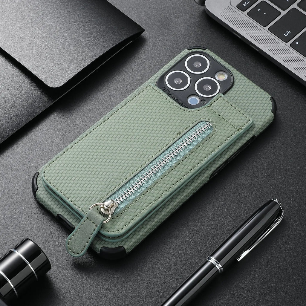 Black zipper TPU leather phone case wallet with card holder and kickstand bracket for iPhone