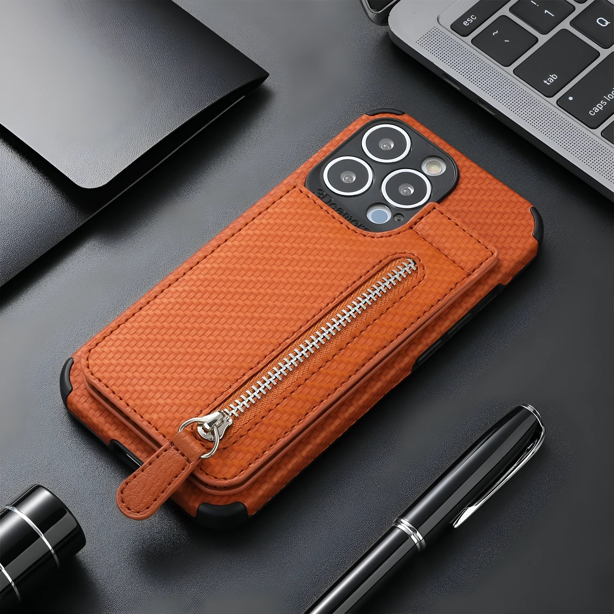 Black zipper TPU leather phone case wallet with card holder and kickstand bracket for iPhone